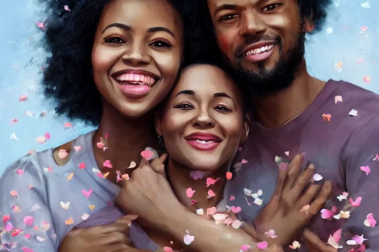 Prompt: portrait of a happy black couple posing together, holding hands surrounded by falling flower petals, digital painting by artgerm and face by wlop