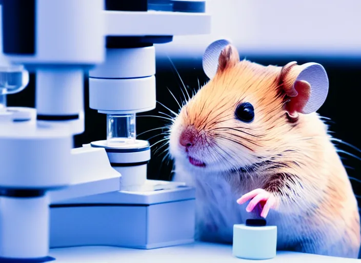 Image similar to film still of a hamster working in a research lab using a tiny microscope, 8 k