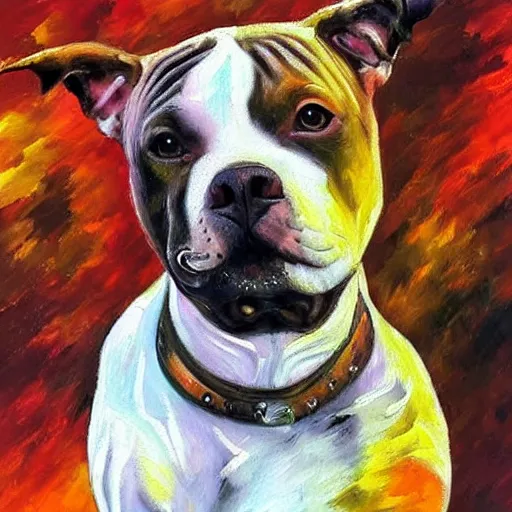 Prompt: pitbull with brindle coat and white paws and white chest. wearing rollerblades painting. oil painting. impressionist. impressionism. fun. energetic. colorful.