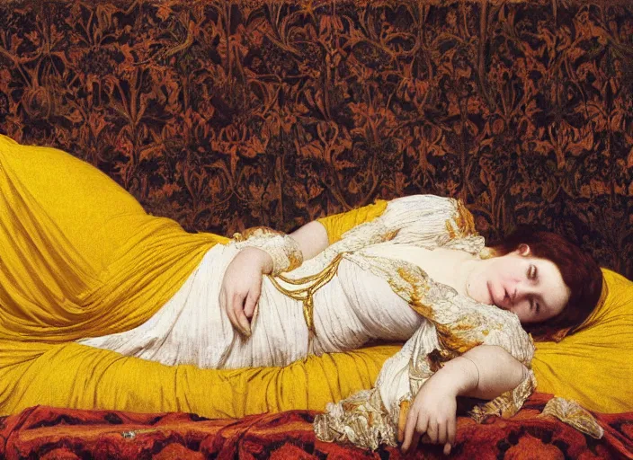 Image similar to portrait of lady reclining on bed, wearing yellow ochre ornate medieval dress, preraphaelite colour photography by frederic leighton, william morris, 8 k