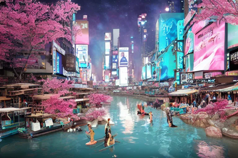 Image similar to floating markets of times square river in kyoto kamo turquoise and pink river during sakura season on thermal waters flowing down white travertine terraces during interstellar aurora borealis, gold waterfalls, vendors, festivals, fun, by peter mohrbacher, james jean, james gilleard, greg rutkowski, vincent di fate, rule of thirds, octane render, beautiful landscape