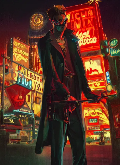 Prompt: 35mm kodak portra portrait of a shadowrun vampire on the Las Vegas strip at night by tomer hanuka and tom bagshaw, handsome face, blood, urban fantasy, hyper realism, high detail, octane render, 8k, trending on artstation, CGsociety, concept art