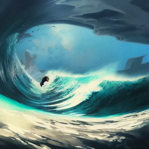 Image similar to A mixed media painting of cat surfing big waves, by Frank Frazetta, Greg Rutkowski, Beeple, kawaii, post-processing, low angle, masterpiece, cinematic, isometric, volumetric lighting