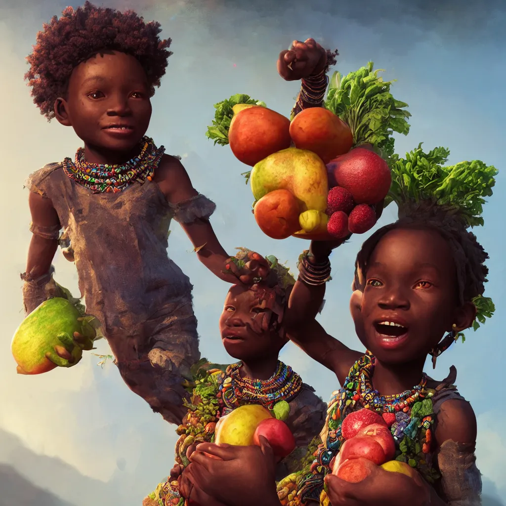 Image similar to Portrait, Happy African child carrying fruit and veg, divine details intricate African jewelry, fairycore, rainbow warrior, semi realistic comic Dr Zeus, octane render, A harmonious integration happy concept art Akitipe studios, volumetric lighting cinematic +8k, ethereal fantasy by greg rutkowski, Trending on artstation