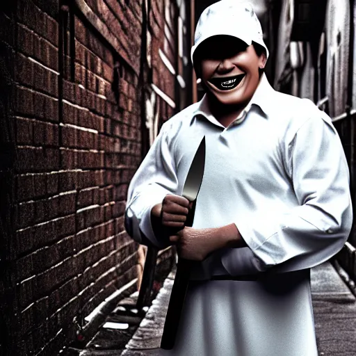 Image similar to Ronald mc donald holding a knife smiling in a back alley way, photo, realistic