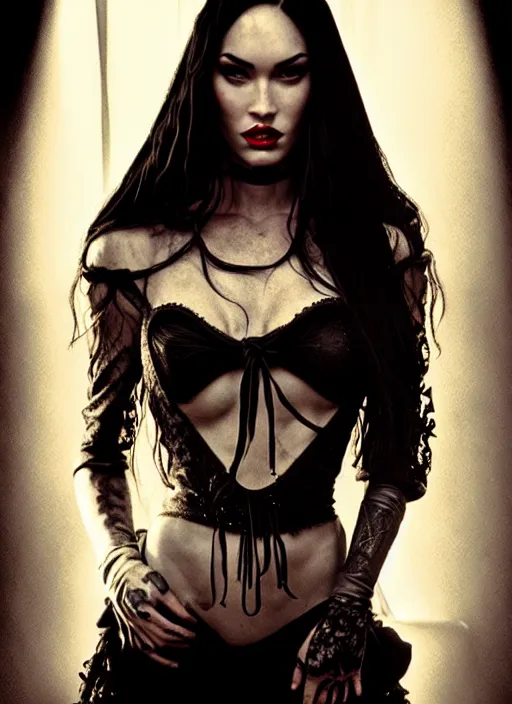 Image similar to megan fox witch queen, black eyes, blood, full body, intricate victorian dress, middle shot, cinematic lighting, symmetrical eyes, caravaggio, artgerm, joshua middleton, rafael albuquerque, moody lighting, candles