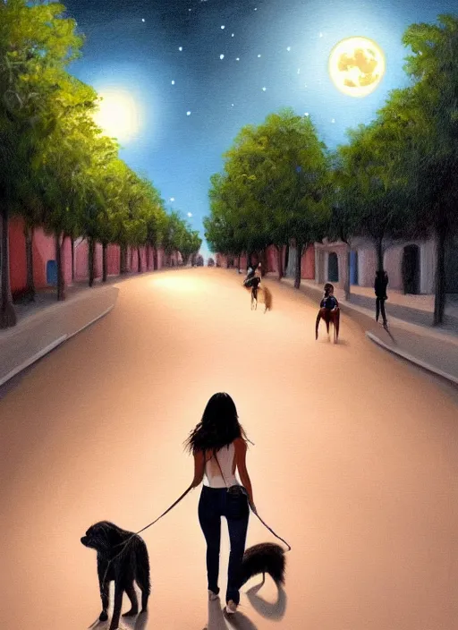 Image similar to young beautiful brown woman walking with her dog on Paseo Montejo in Merida Mexico at night with a full moon, illustration, photoreal, fantasy, trending. masterpiece work of art . oil on canvas. Digitally painted. Realistic. 3D. 8k. UHD.