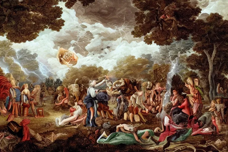 Image similar to a detailed illustration of a god ruining a picnic in the park, nightmare in the park, small crowd of people, calamity, dark storms with lightning, 8 k, in a baroque style