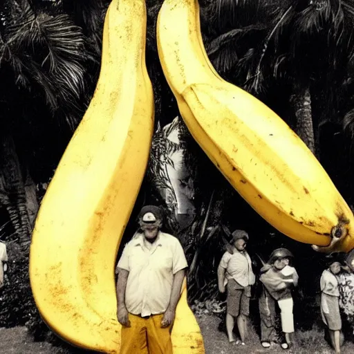 Prompt: The world's largest banana, there are people standing next to the banana depicting its scale, photo taken on a ww2 camera.