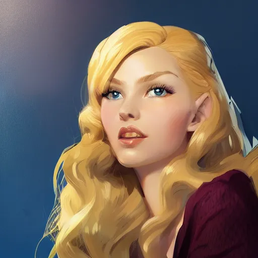 Image similar to portrait of beautiful girl with blond hair and blue eyes, League of Legend illustration by Sam Youn:1, profile picture by Gil Elvgren:2, asymmetrical, Organic Painting, Ambient Occlusion:3, Matte Painting, bold shapes, hard edges, street art, trending on artstation, realistic:2 by Sachin Teng:5