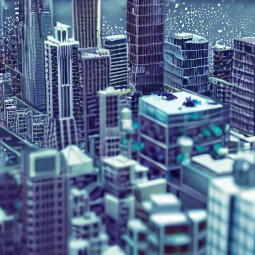 Image similar to macro shot of tiny cityscape, ultra detail, ultra realistic, hyper detailed, sharp focus, ray tracing, octane render