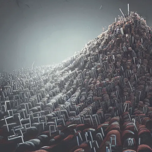 Image similar to gigantic mountain of syringes by junji ito and francis bacon, hunter s thompson feeling of grimdark, sharp focus, fiction, hyper detailed, digital art, trending in artstation, cinematic lighting, studio quality, smooth render, unreal engine 5