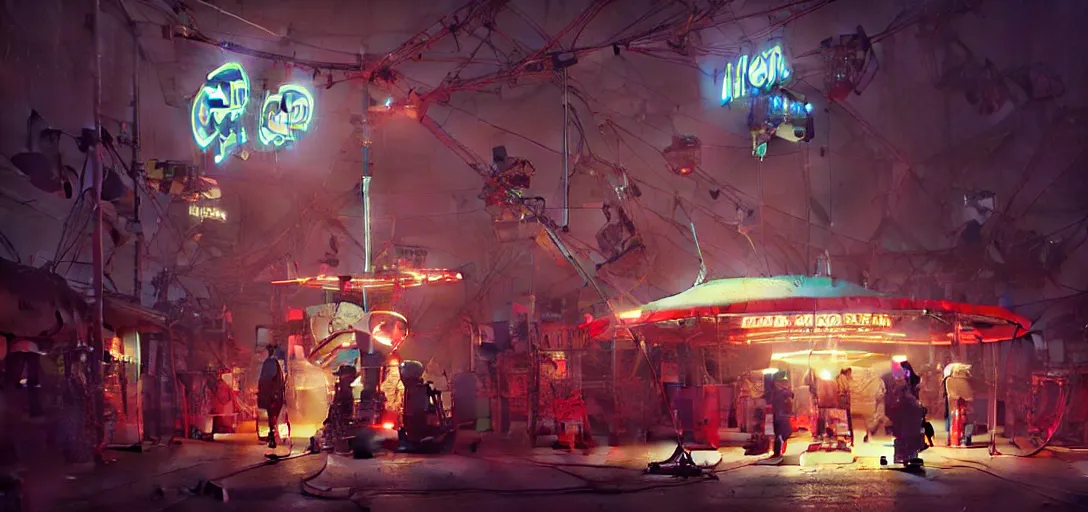 Image similar to close - up of old cyborgs exploring small town cyperpunk amusement, neon food signs, ancient big top circus tent, highly detailed, nightmare, japan, digital painting, concept art, matte, art by ruan jia and wlop and greg rutkowski and makoto shinkai, masterpiece