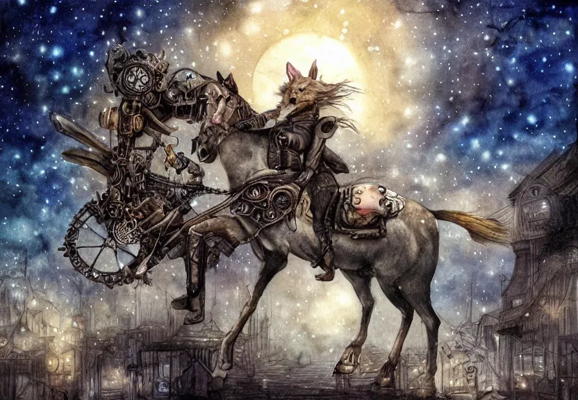 Image similar to possum riding a horse through a steampunk city at night under a dark starred sky, dark fantasy, digital art, watercolor, high detail, dreaming illusion