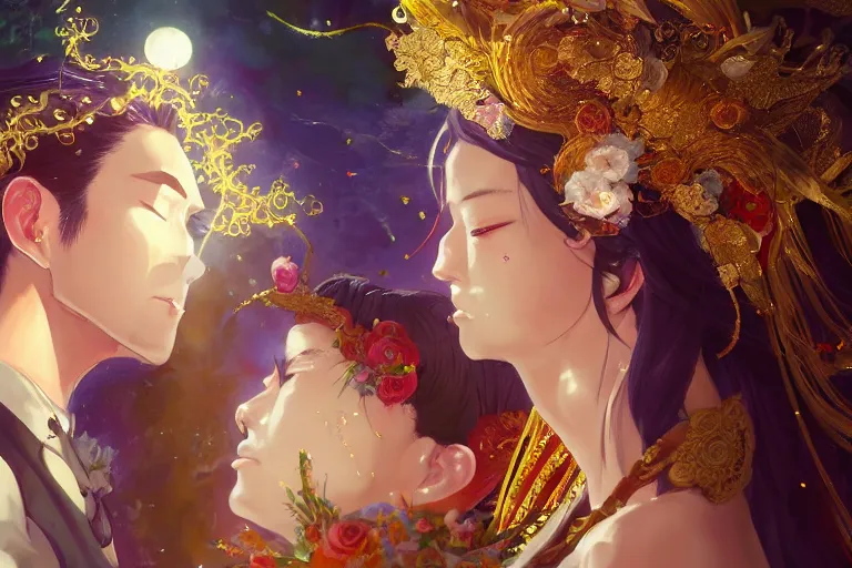 Image similar to a dreamlike portrait of wedding photograph close up moment of a divine a taiwan sun god and moon goddess lovers magician at a wedding banquet. portraiture. digital painting. artstation. concept art. fantasy wedding photo. digital painting, 8 k realistic, hyper detailed, by makoto shinkai and akihiko yoshida and hidari and wlop