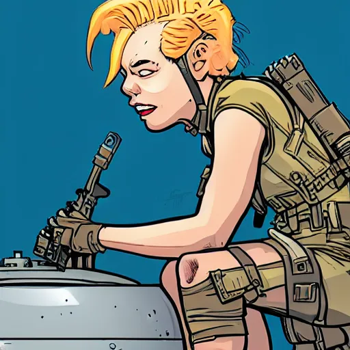 Image similar to tank girl sitting alone on top of the tank, holding a granite luncher. smiling. laurie greasley,