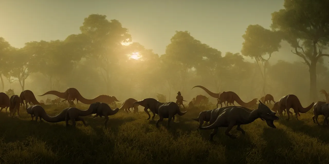 Prompt: old man herding a herd of small dinosaurs in an alternate prehistoric past, steam punk, very high details, volumetric fog, raytracing, back light, raymarching, by ilm, by digital domain, by weta digital