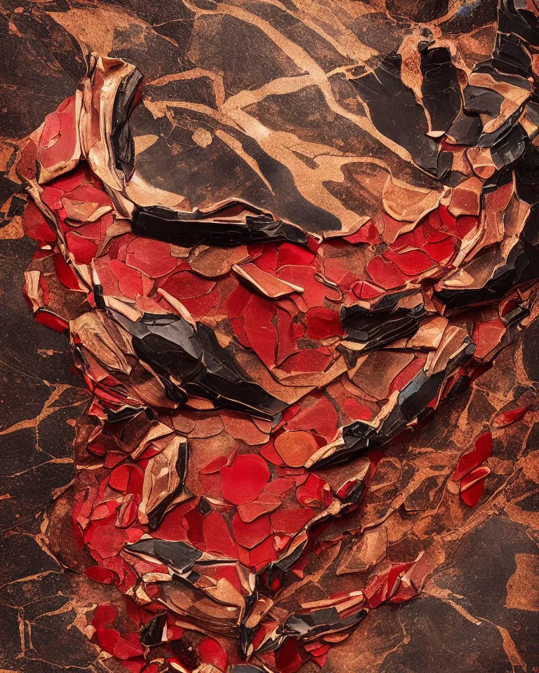 Prompt: symmetrical painting of a fractured obsidian greek statue of a sunflower petals fixed with red bronze and kintsugi, rendered in octane trending on cgsociety. extremely detailed and intricate art