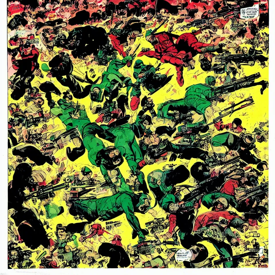 Prompt: a detailed comic book drawing of Luiz Inácio Lula da Silva wearing sunglasses and attacking Ana army of yellow and green fascists with a Ray gun, art by Frank Frazetta,