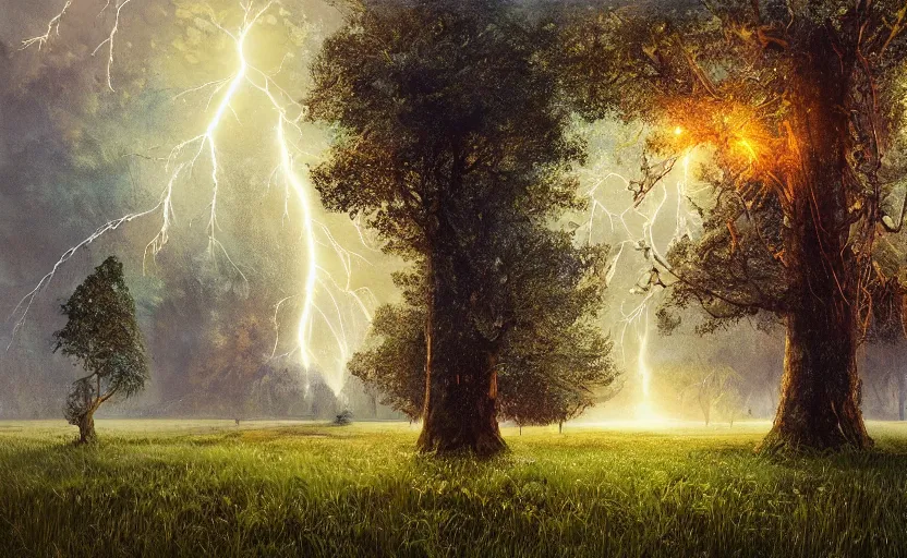 Image similar to lightning strikes a tree in the middle of a field, fantastic landscape, hyperrealism, no blur, 4k resolution, ultra detailed, style of Anton Fadeev, Ivan Shishkin, John Berkey