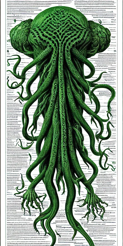 Image similar to cthulhu cross section scientific illustration biology book, highly detailed