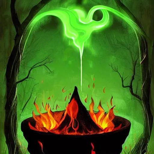 Prompt: a black cauldron filled with a magical green glowing liquid hanging above a campfire, night, fantasy, digital art, mysterious, realistic