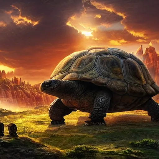 Image similar to tortoise moves across harsh wasteland with sharp rays of sunlight with a large fantasy castle covering the top of the giant tortoise similar to mortal engines or howls moving castle, distant - mid - shot, fantasy, hyper detailed, realistic