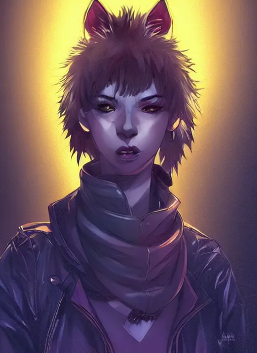 Image similar to beautiful portrait commission of a female furry anthro hyena fursona wearing a police uniform. Cyberpunk city at night in the rain. Neon light. Atmospheric. Character design by charlie bowater, ross tran, artgerm, and makoto shinkai, detailed, inked, western comic book art