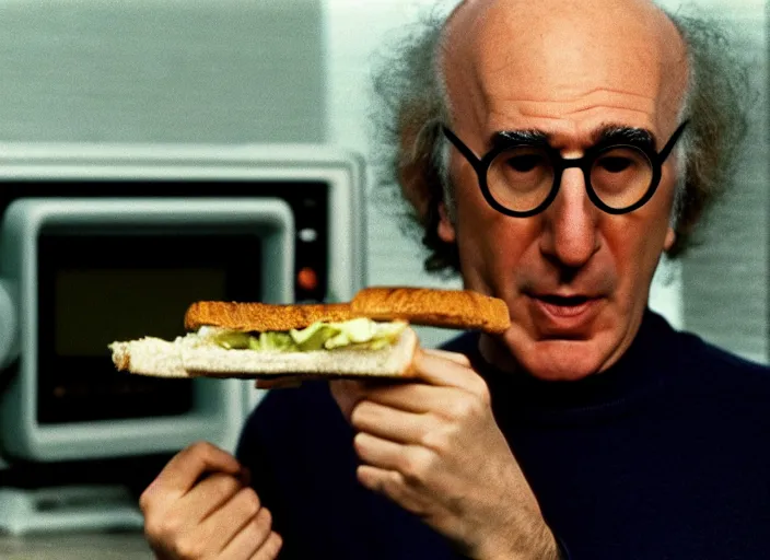 Prompt: a scene from 1 9 8 2 the thing larry david eating a sandwich, vhs distortion, cathode ray tube distortion, folk horror, hauntology, 8 k, 8 5 mm f 1. 8, studio lighting, rim light, right side key light