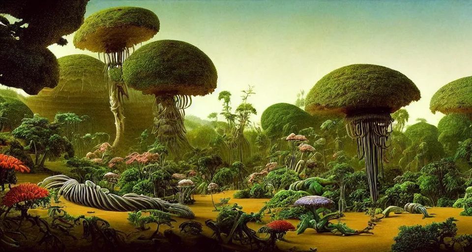 Prompt: huge woodlouse, bones of dead animals, a landscape on the moon with many craters, huge woodlouse, a beautiful flowering garden, a lot of exotic vegetations, trees, intricate detaild, pale colors, 8 k, in the style of martin johnson heade and roger dean