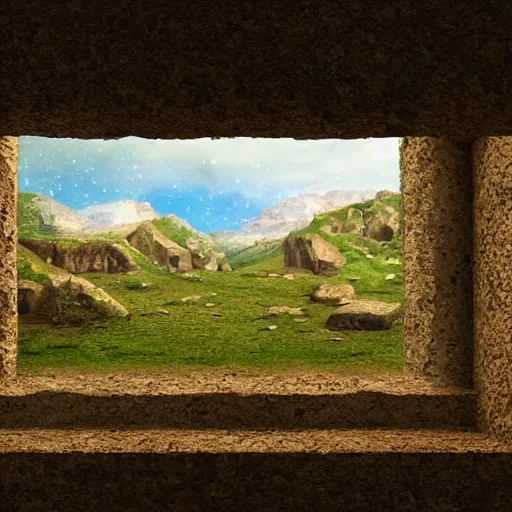 Prompt: a pre historic landscape seen through a window, digital art, trending on artstation