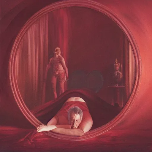 Image similar to Alan Rickman full body laying in a blood red pool of water between a golden mirror frame, outside is space and inside the mirror frame is a beautiful landscape., physically accurate, dynamic lighting, intricate, elegant, highly detailed, very very Roberto Ferri, sharp focus, illustration, art