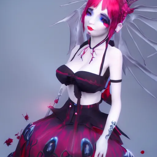 Image similar to Render of a beautiful 3d remilia scarlet, blue hair, red eyes, full round face, soft smile, gothic clothing, spooky setting, medium shot, mid-shot, hyperdetailed, trending on Artstation, Unreal Engine 4k