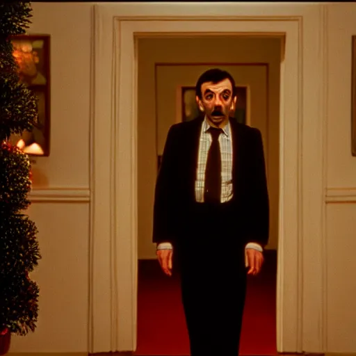 Image similar to mr bean in the shining, movie still, cinematography, cinematic lighting