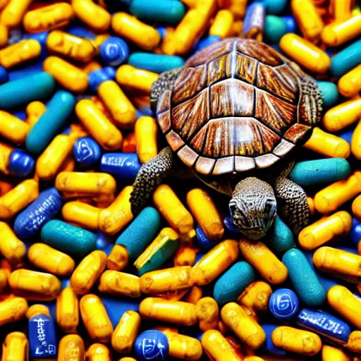 Image similar to a turtle crawling in a pile of adderall pills