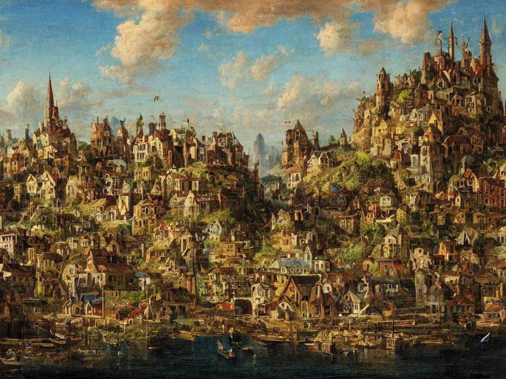 Image similar to a fantasy town, viewed from the harbor, by jean - baptist monge,