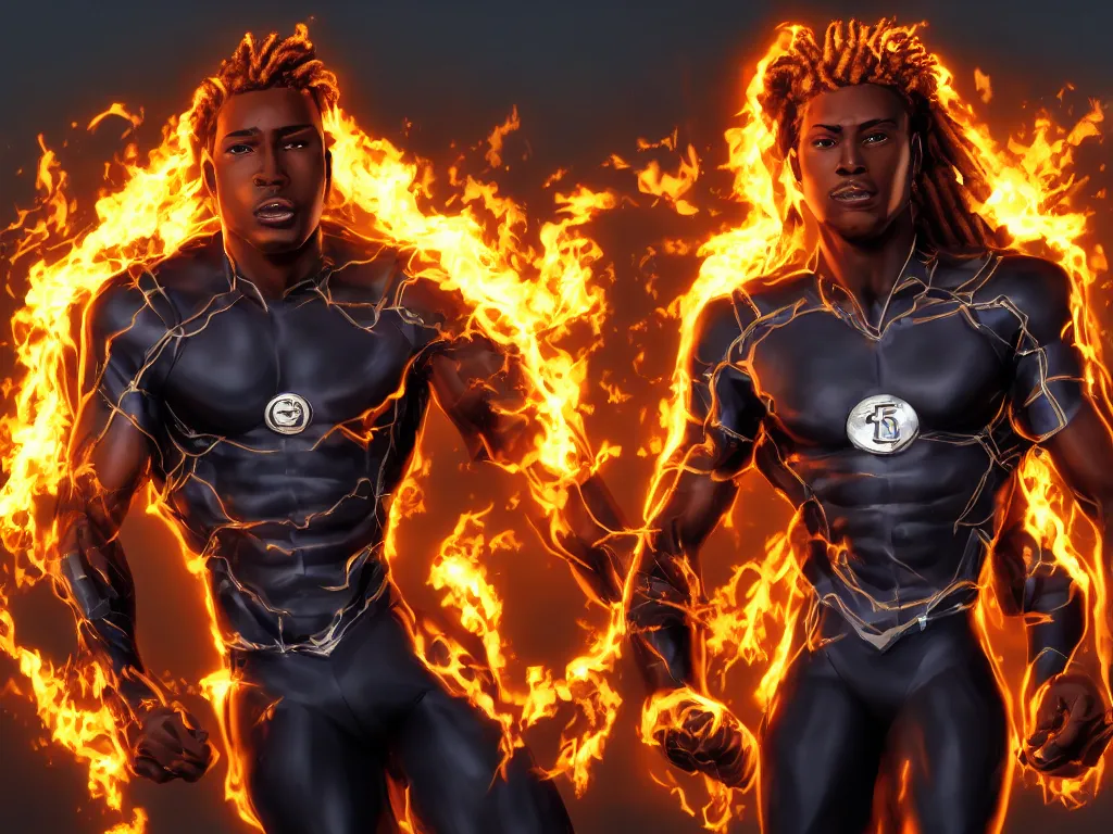 Image similar to full body cinematic, a handsome African American Johnny Storm young male superhero of the fantastic four with flaming brown dreadlocks hair, photorealistic, cinematic, high detail, dramatic lighting, unreal engine, octane render, 8k