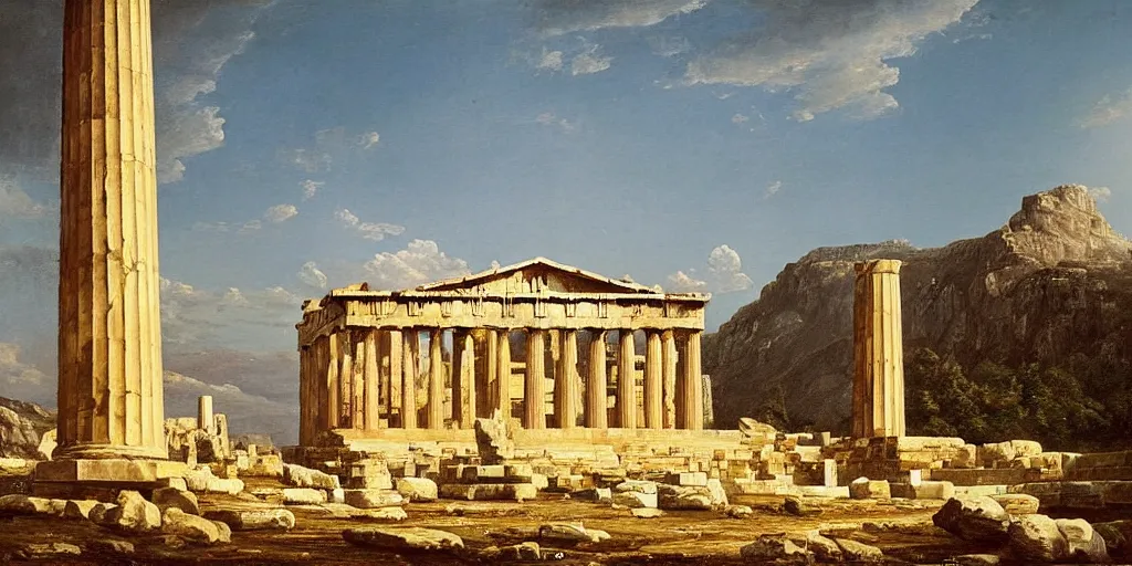 Prompt: a beautiful painting of a greek temple, parthenon, corinth, temple of athena, oil painting, louis dupre, joseph gandy, george maddox, raphael, thomas cole, edwin deakin, auguste racinut, frederic edwin church, masterpiece