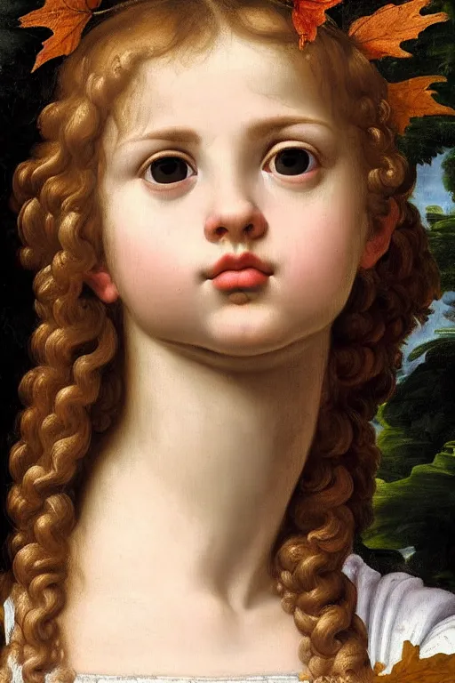 Image similar to renaissance painting of young girl in the garden, closeup, curly long hair, face closeup, emotions closeup, dressed in roman armour, the beautiful garden with maple leaves everywhere, ultra detailed, art by guido reni style, vincenzo catena style