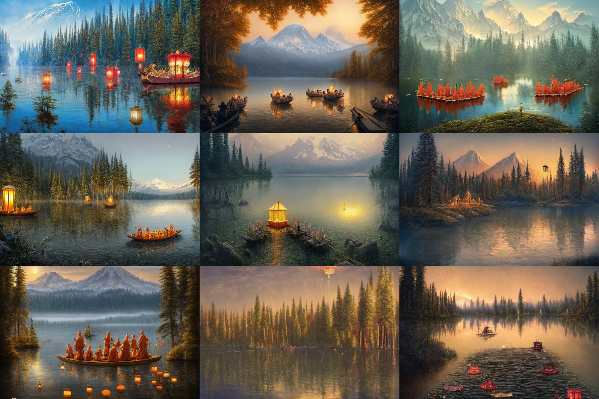 Prompt: a stunning ultra detailed illustration of a floating lantern festival on a reflective lake lined with barren trees, by mt. rainier, by tomasz alen kopera, deep depth of field, 2 4 mm lens, golden hour hues, soft lighting, artstation, highly coherent