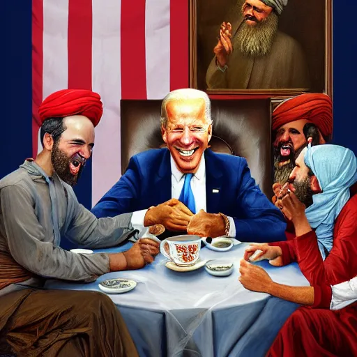 Image similar to a painting of joe biden laugh in tea party with taliban, ultra detailed face, body and gesture, justify content center, hyper realistic content, frontal hyperdetailed realistic content, sharp focus, intricate, dynamic composition, 2 colors, baroque, delete duplicate content