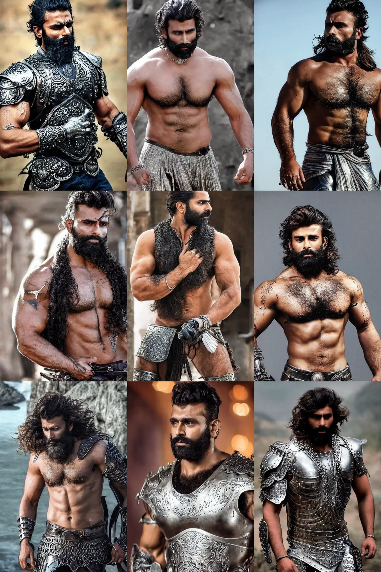 Prompt: beautiful gigachad with slick brown beard, wavy hair, huge glistening muscles, many scars, wearing intricate silver armour. bollywood action movie still.