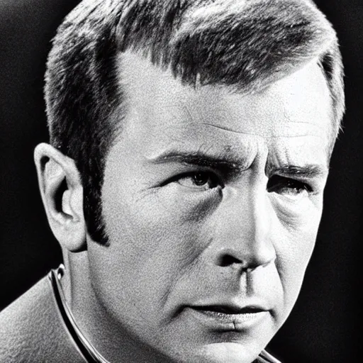 Image similar to photograph of captain j. kirk from star trek in absolute disbelief, shocked. sharp photograph, sharp focus, highly detailed,, detailed face!!, ultra realism, dramatic lighting, zeiss lens, canon eos, detailed skin, dynamic pose, 8 k resolution, hyperrealism, portrait photography