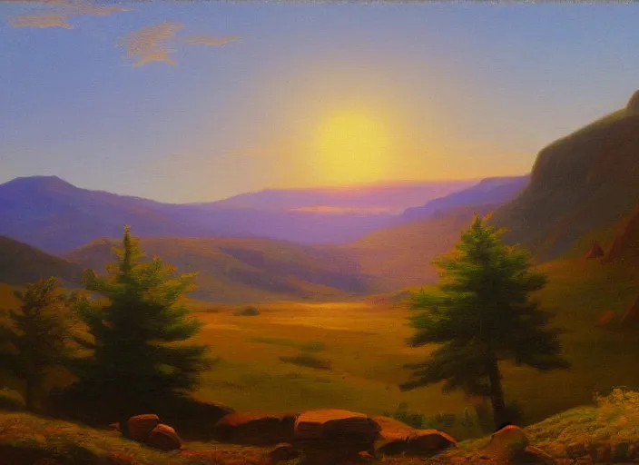 Prompt: the armenian highlands with the sun setting as the background in the style of hudson river school of art, oil on canvas