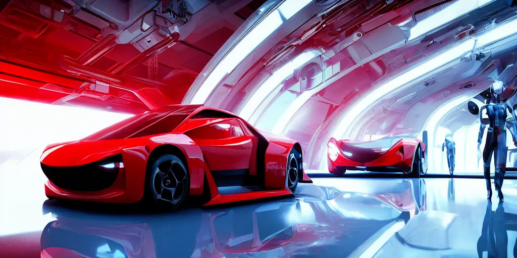 Image similar to kama russian electrocar, inside futuristic car plant, red car, sharp focus, ultra realistic, ultra high pixel detail, cinematic, intricate, cinematic light, unreal engine 8 k, 8 k, epic, intricate, volumetric lighting, trending on artstation