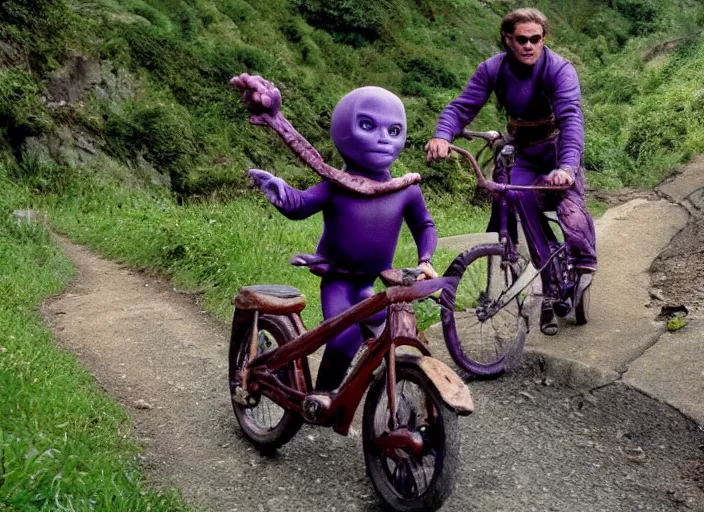 Image similar to film still of thanos riding a small childrens bike down a steep mountain road in the goonies 1 9 8 5