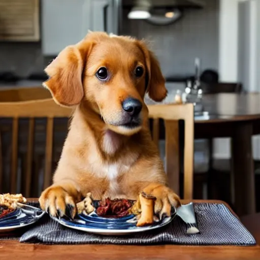 Prompt: a cute dog stares longingly at dinner, photo