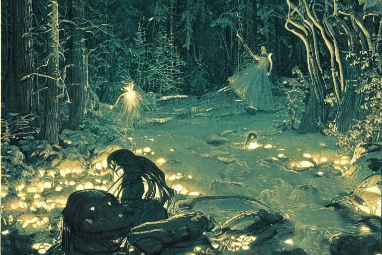 Image similar to a scenic view of a shining ghost flowing in the middle of a magical forest at night, detailed, cinematic, dramatic scene, retro illustration by Norman Rockwell.