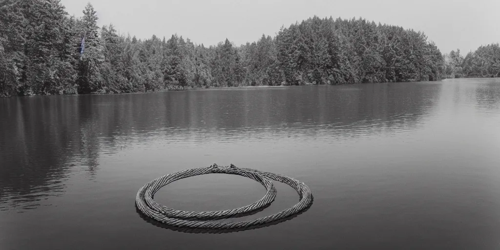 Image similar to centered photograph of a infinitely long rope zig zagging snaking across the surface of the water into the distance, floating submerged rope stretching out towards the center of the lake, a dark lake on a cloudy day, color film, trees in the background, hyper - detailed photo, anamorphic lens