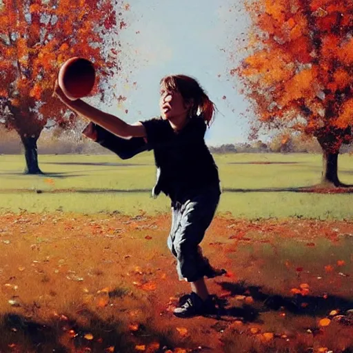 Prompt: a brother and sister throwing a ball around in autumn. playing catch. phil hale. rhads. repin.